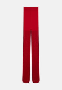 Red tights featuring a solid upper section and a lower section with a subtle glitter effect, smooth texture, and a slim fit design.