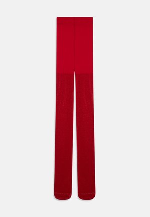 Czerwone rajstopy z jednolitą górną częścią i dolną częścią z subtelnym efektem brokatu, gładką teksturą i dopasowanym krojem.