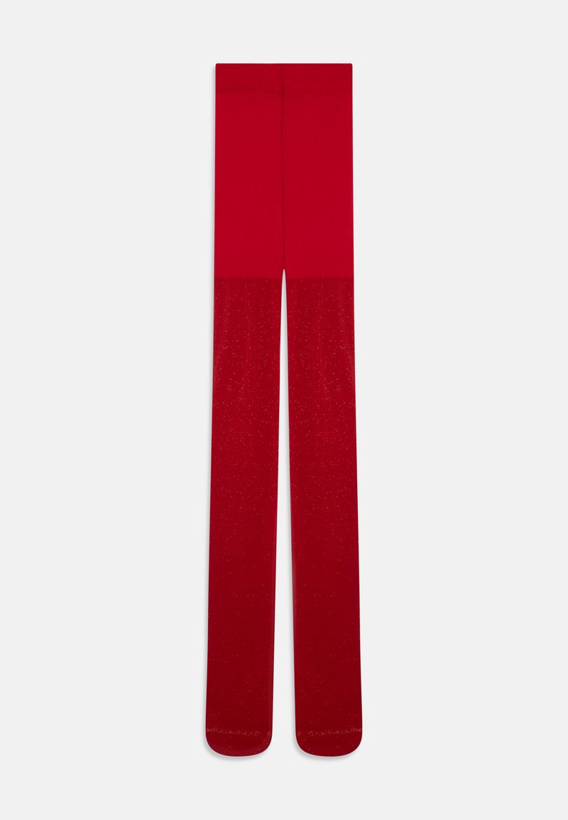 Red tights featuring a solid upper section and a lower section with a subtle glitter effect, smooth texture, and a slim fit design.