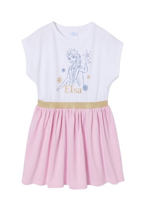 White and pink children's dress with gold waistband, featuring a sketch of Elsa from Frozen with snowflakes and the name "Elsa" on the top.