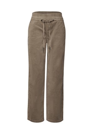 Beige, lightweight linen pants with a relaxed fit, elastic waistband, adjustable drawstring, and straight legs. No visible pockets.
