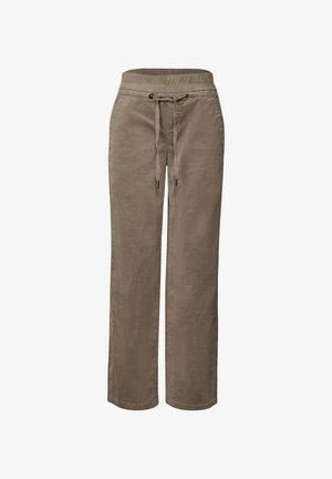 Beige, lichte linnen broek met een ontspannen pasvorm, elastische tailleband, verstelbare trekkoord en rechte pijpen. Geen zichtbare zakken.
