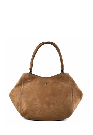 Braune Lederhandtasche mit Krokodilstruktur und geflochtenem Griff, weiche, lässige Form und kleines Metall-Logo vorne in der Mitte.