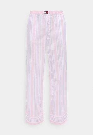 Lyserøde og hvide stribede letvægts pyjamasbukser med elastisk talje og lille frontlynlås.