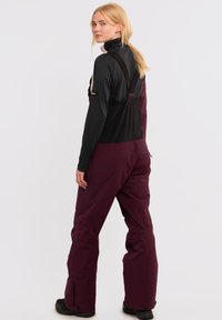 Bordeaux ski-overalls met een zwarte bies, voorzien van verstelbare banden, zijrits zakken en een casual pasvorm, weergegeven vanuit de rug.