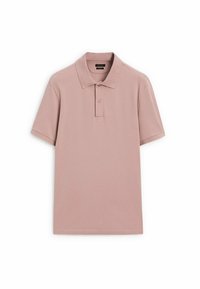 Polo à manches courtes en coton rose doux, avec un col classique, une patte de boutonnage à trois boutons et un ourlet droit.
