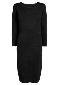 Robe noire en maille côtelée à manches longues avec un col rond, une coupe ajustée et une surface texturée. Conception mi-longue avec une silhouette simple.