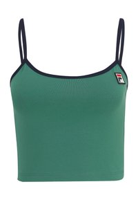Grön kort ärmad tanktopp med tunna axelband, marinblå kant och en liten FILA-logotyp på vänster sida. Slät textur, figurnära design.