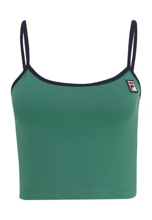 Grønneret crop top med tynde stropper, marineblå kant og et lille FILA-logo patch på venstre side. Glat overflade, tætsiddende design.