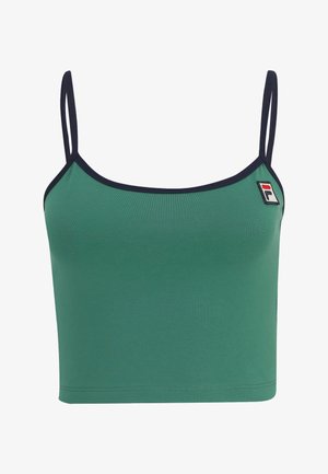 Top corto verde con spalline sottili, bordi blu navy e un piccolo logo FILA a sinistra. Texture liscia e design aderente.