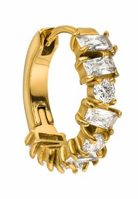 Goldfarbene Creolen mit fünf rechteckigen und einem runden, klaren Diamant-Akzent, in einem strukturierten, klauenartigen Setting.