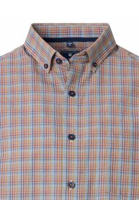 Karierter Hemd aus gewebtem Stoff in Blau-, Orange- und Gelbtönen, mit Button-Down-Kragen und Brusttasche.