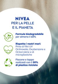 Branding NIVEA su uno sfondo circolare bianco. Il testo evidenzia la formula biodegradabile, l'ecocompatibilità e il 50% di plastica riciclata nell'imballaggio.