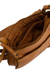 Brown leather shoulder bag with multiple zippered compartments and a snap-button closure. Smooth texture and durable construction.