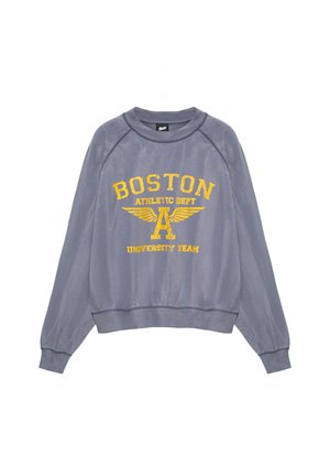 Szara bluza z długim rękawem z żółtym napisem "Boston Athletic Dept University Team" i skrzydlatą literą A na przodzie.