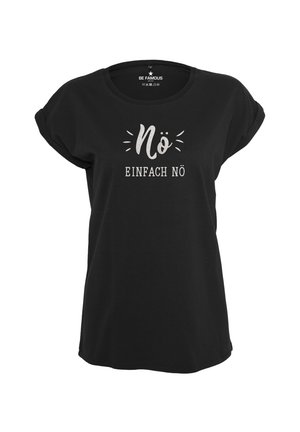 Black t-shirt with rolled sleeves featuring silver printed text "Nö EINFACH NÖ" on the front. Made from soft, textured fabric.