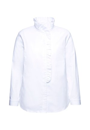Camicia bianca con bottoni, maniche lunghe, collo arricciato e placca frontale. Realizzata in un tessuto leggero e liscio. Vestibilità su misura.