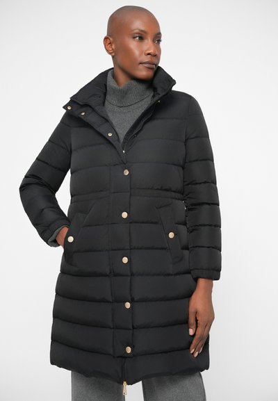 Black puffer coat featuring a high collar, zip closure, gold buttons, and two side pockets. The fabric has a smooth, glossy texture.