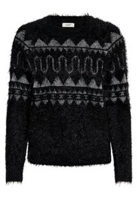 Svart fluffig tröja med ett geometriskt grått mönster över bröstet, crew-halsringning och långa ärmar. Mjuk textur.