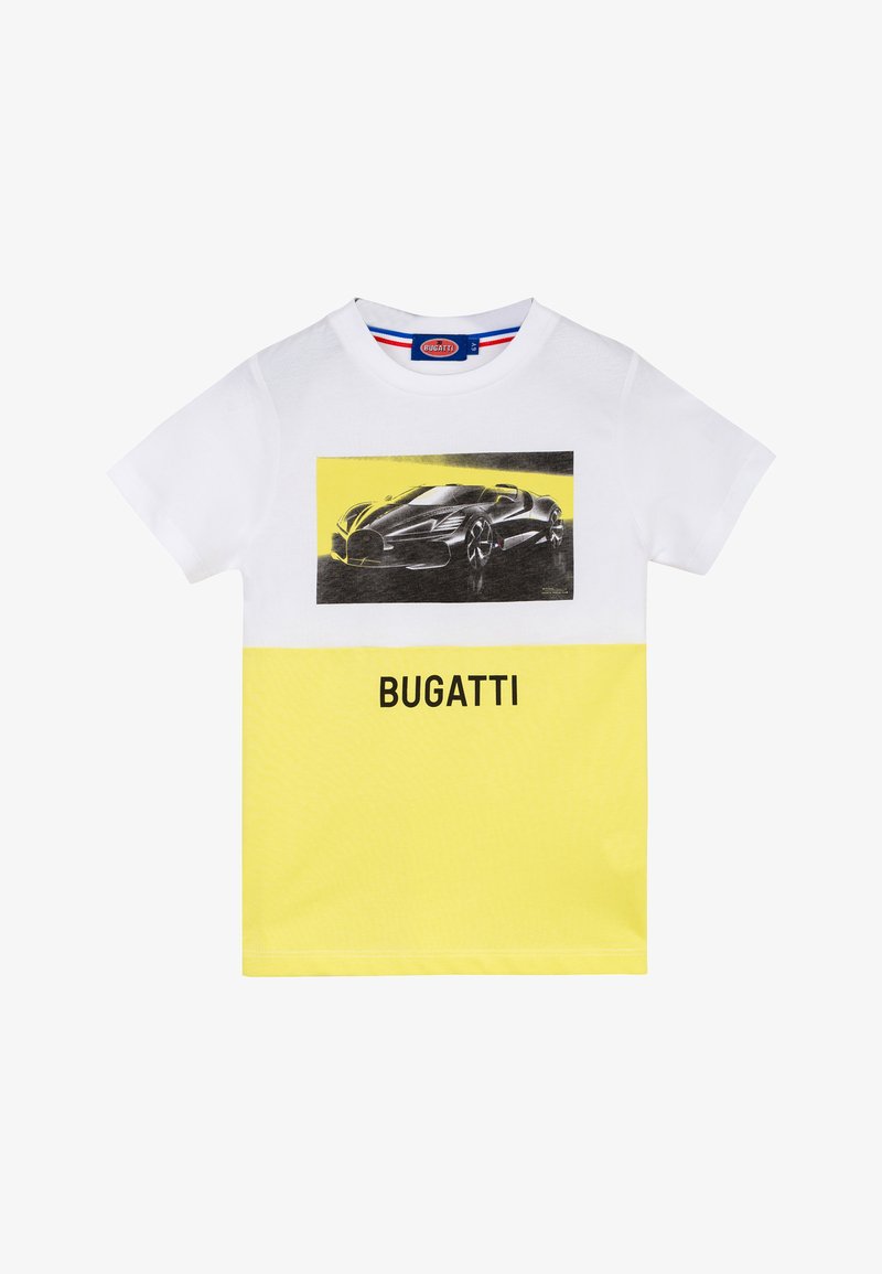 T-shirt in cotone bianco con una grafica di un'auto Bugatti nera su uno sfondo giallo. Testo "BUGATTI" stampato in nero sotto la grafica.