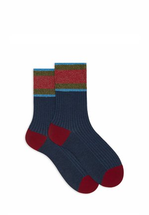 Navy socks with a ribbed texture, featuring a multicolored striped cuff in red, green, and blue, and a burgundy toe and heel.