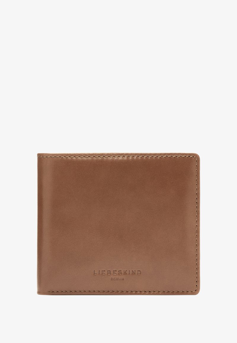 Brązowy skórzany portfel o gładkiej fakturze, z dwudzielnym zapięciem, subtelnym logo z przodu oraz wzmocnionym przeszyciem na brzegach.