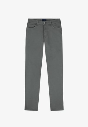 Pantalons en coton gris avec une coupe droite. Présentant des passants de ceinture, des poches avant, une fermeture éclair et un logo discret sur la ceinture.