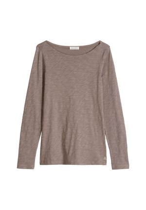 T-shirt à manches longues marron clair chiné avec col ras du cou et petit logo près de l'ourlet, présenté sur fond blanc.