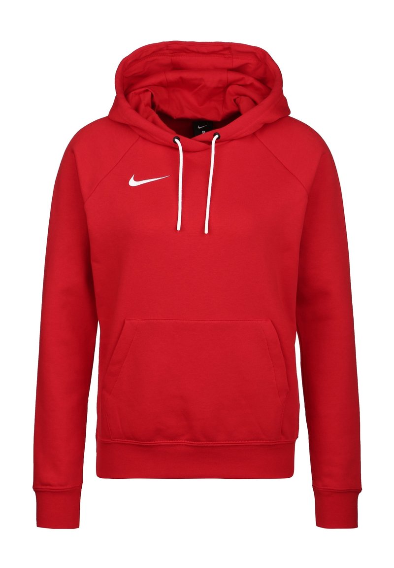 Roter Kapuzenpullover aus Baumwollmischung. Verfügt über eine Kängurutasche, weiße Kordeln und ein kleines weißes Nike-Logo auf der Brust.