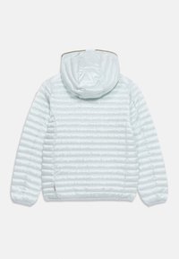 Ανοιχτό γκρι μπουφάν με επένδυση και οριζόντια ραφή, μακριά μανίκια και κουκούλα, εμφανιζόμενο από πίσω.