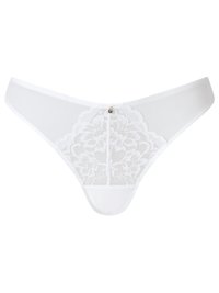 String en dentelle blanche avec un motif floral et un petit ornement en gemme au centre sur un fond uni.