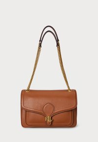Brown leather handbag with a gold chain strap, featuring a textured finish, a flap closure, and a gold logo accent on the front.