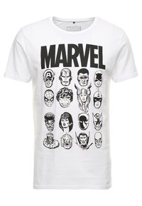 Hvid bomulds t-shirt med sorte trykte illustrationer af Marvel-karakterer sorteret i et gitter, med fed "MARVEL" tekst øverst.