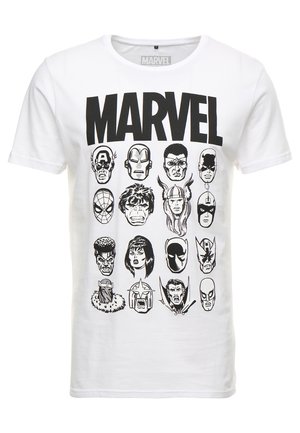 Bílý bavlněný tričko s černými tištěnými ilustracemi postav z Marvelu uspořádanými v mřížce, s tučným textem "MARVEL" nahoře.
