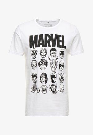 Biała bawełniana koszulka z czarnymi nadrukowanymi ilustracjami postaci Marvela ułożonymi w siatkę, z wyraźnym napisem "MARVEL" na górze.