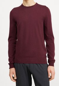 Homme portant un pull ajusté à manches longues de couleur bordeaux associé à un pantalon gris foncé sur un fond blanc uni.