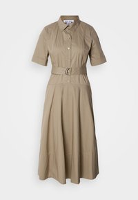 Khaki belted shirt dress featuring a collar, short sleeves, button closure, and a flowing skirt with subtle pleats. Smooth cotton fabric.