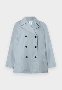 Φωτεινό γαλάζιο διπλό κουμπί παλτό με γιακά, με μαύρα κουμπιά, πλαϊνές τσέπες και λεία υφή.