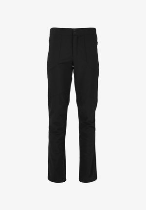 Schwarze, gerade Hosen aus flexiblem Material. Mit zwei frontalen Taschen, einem glatten Taillenbund und dezentem Nahtdesign.