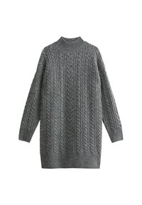 Maglione grigio a maglia con un colletto alto, caratterizzato da un motivo a trecce, maniche lunghe e una vestibilità rilassata, progettato per comfort e calore.