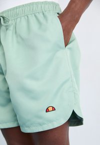 Light green shorts made from smooth fabric with an elastic waist. Features side pockets and a small embroidered logo in red and yellow.
