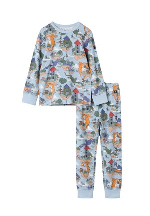 Lange Ærmer Pyjamasæt i lyseblå med et fantasifuldt mønster af drager, slotte og træer; lavet af bomuldsstof med ribbede manchetter.