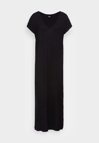 Svart maxiklänning i mjukt tyg med V-ringning och korta ärmar, med sidofickor för ökad rörelsefrihet. Enkel, odekorerad design.