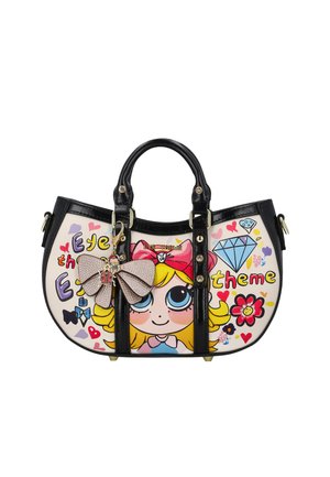 Kis kézitáska fekete fogantyúkkal és pántokkal, nagy szemű rajzfilm lány, színes szívek, virágok, gyémánt és egy nagy rózsaszín masni charm.