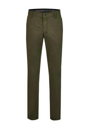 Olive green cotton trousers with a slim fit, featuring a zip fly, single button closure, and front and back pockets. Smooth texture.