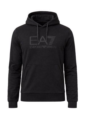 Felpa nera con cappuccio, tasca frontale e coulisse, con il logo "EA7 Emporio Armani" in rilievo discreto sul petto.