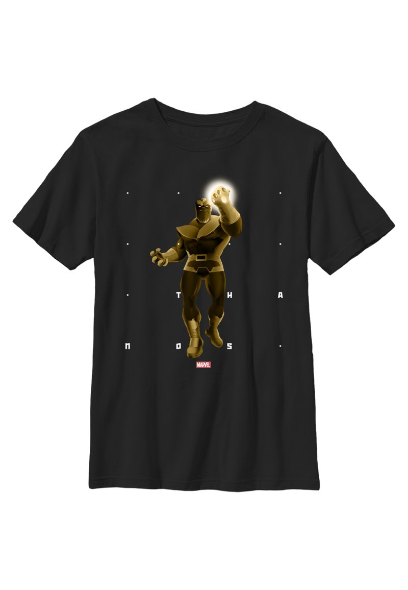 Svart t-shirt med en stor grafik av en gyllene karaktär med en upphöjd hand. Texten "THANOS" i vita bokstäver nedanför.