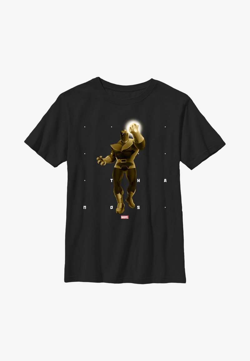 Svart t-shirt med en stor grafik av en gyllene karaktär med en upphöjd hand. Texten "THANOS" i vita bokstäver nedanför.