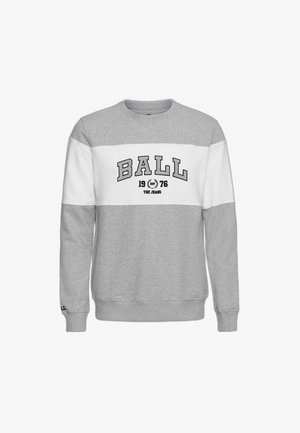 Sudadera gris y blanca con cuello redondo y la inscripción "BALL 1976 THE JEANS" impresa en el pecho, puños y bajo acanalados, mangas largas.