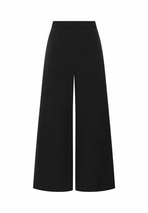 Wide-leg black trousers with a smooth texture, high waist, and no visible fastenings or pockets. Simple design with a clean silhouette.